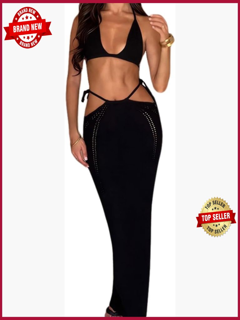 Backless Knitted Hollow Out 2 Piece Swim Cover Up Set
